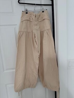 We The Free Wide-Leg Drawstring Hem Pants in Beige